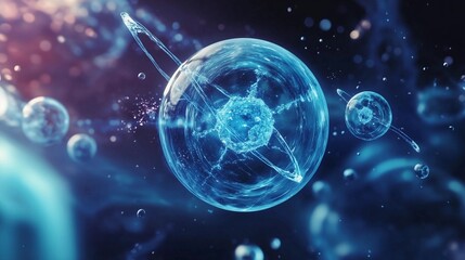 A blue, transparent cell with two carbon structures in the center, surrounded by other cells and some small particles floating around it. The background is dark blue, creating an atmosphere of scienti