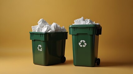 Two green recycling bins filled with crumpled white paper against a mustard yellow background.