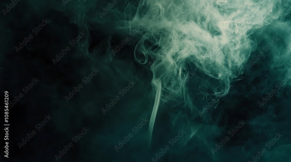 Poster close-up abstract depiction of green smoke swirling dynamically around a dark black background, crea