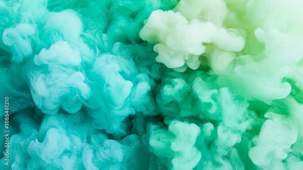 Poster close-up abstract depiction of green smoke swirling dynamically around a dark black background, crea