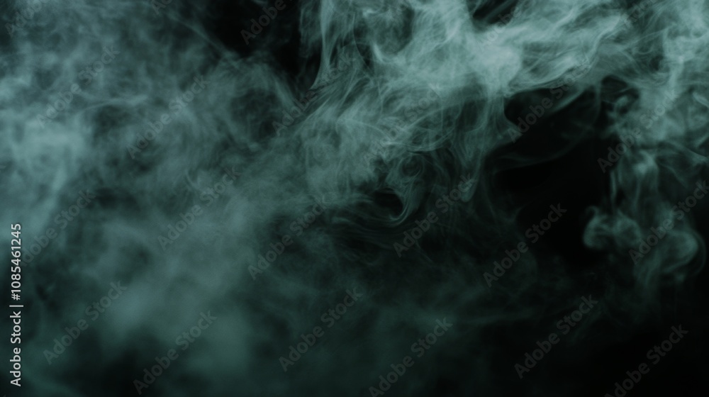 Poster close-up abstract depiction of green smoke swirling dynamically around a dark black background, crea