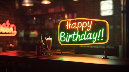 A neon sign that says "Happy Birthday!" sits on a bar counter with a bottle of liquor and a cocktail glass.