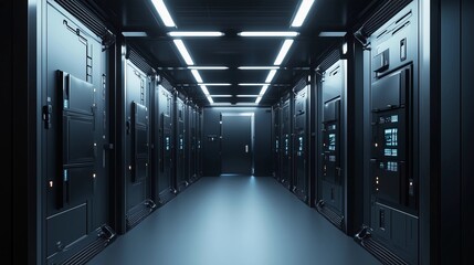 Naklejka premium 3D render of a black server room with a row of cabinets, white lights, and a blue background. The camera perspective is wide angle and low, resulting in a high-resolution, high-detail