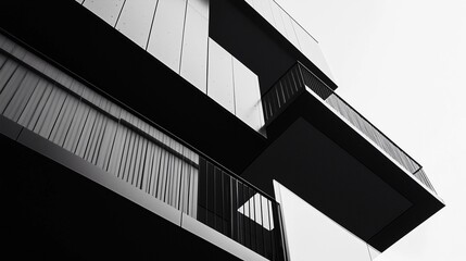 A black-and-white photograph of an angular, modern building with metal accents, showcasing the geometric forms in the style of architectural photography. The focus is on the stark contrast