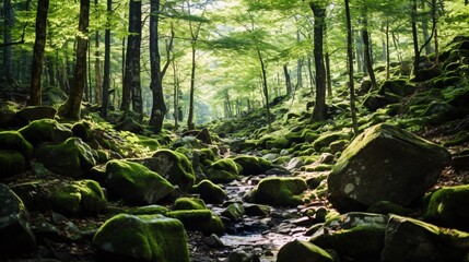 Obraz premium A dense forest with moss-covered boulders and lush green vegetation