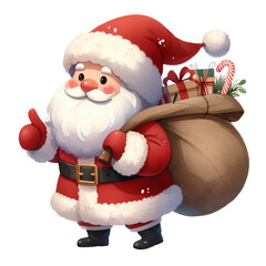 Watercolor cartoon Santa Claus, cute, smiling face, holding a big gift bag, for Christmas design decoration.