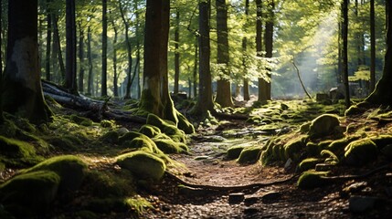 Fototapeta premium Sunlight filtering through the trees onto a forest floor with mossy stones