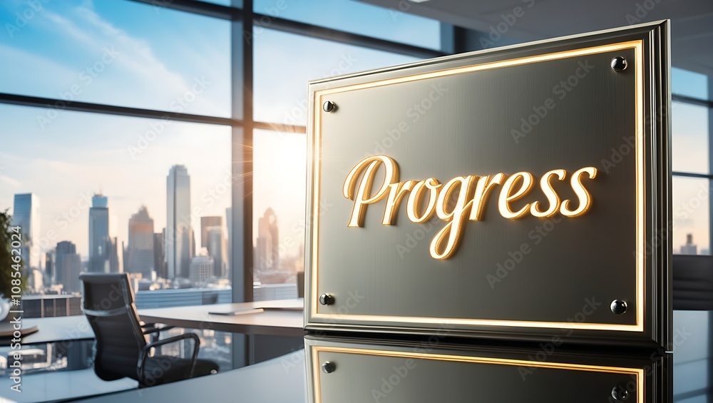 Poster modern office with cityscape view; sign displaying 