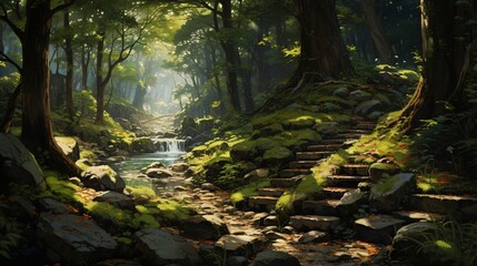 Obraz premium A dense forest with a path of stepping stones and sunlit foliage