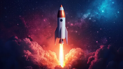 Fototapeta premium rocket astronomy power. rocket soaring through space, surrounded by celestial bodies and clouds
