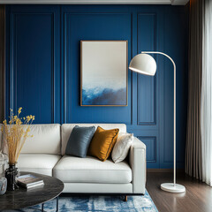Contemporary Living Room with Blue Accent Wall, Modern Floor Lamp, and Cozy Seating Area