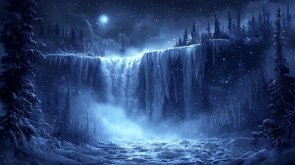 Breathtaking View of a Frozen Waterfall Surrounded by Snowy Forest Under a Starry Night Sky, Capturing the Beauty of Nature's Winter Landscape