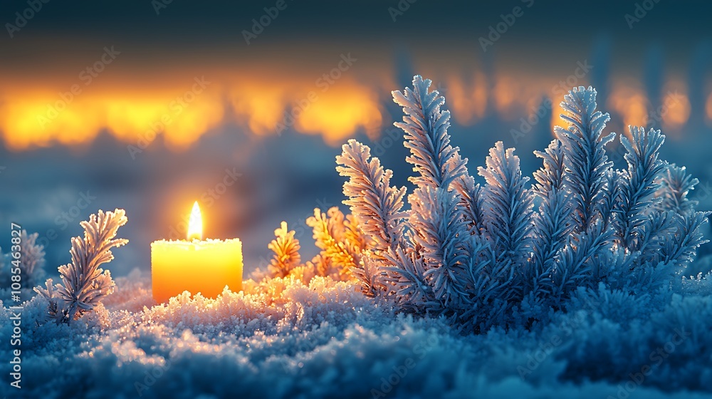 Poster frosty window pane close-up with delicate ice crystals and glowing candle light creating a serene wi