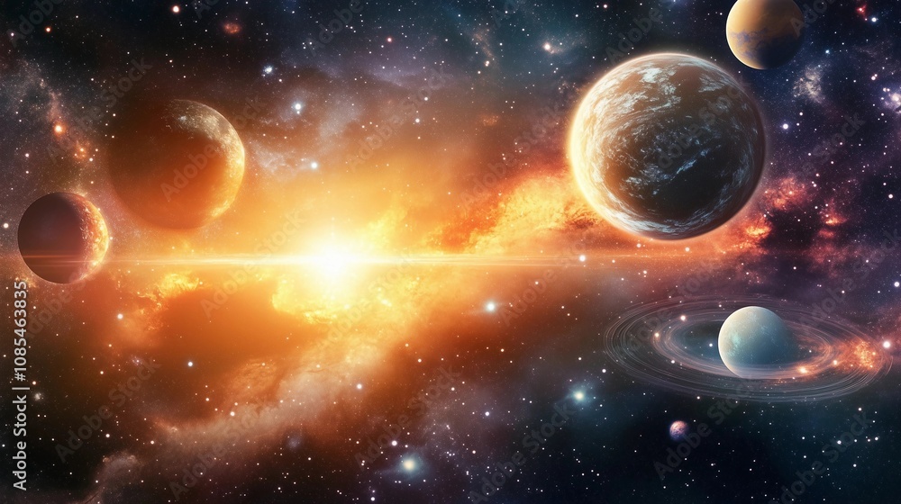 Wall mural a space background with planets and stars, the sun in the center of the space, nebulae and galaxies 