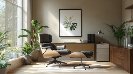 Cozy office space with plants and comfortable seating.