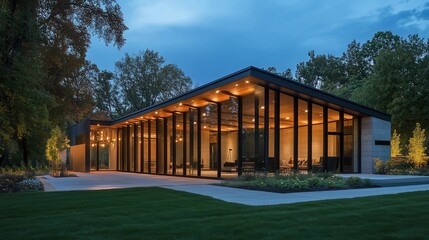 Obraz premium A modern, minimalist building with large glass windows and an open floor plan, surrounded by lush green grass at dusk. The structure is made of concrete walls and wood beams