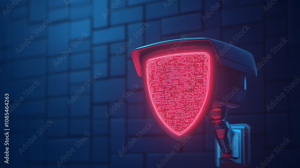 Poster futuristic security camera with neon glow protecting a digital environment against cyber threats in 