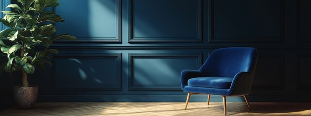A cozy blue velvet chair against a rich, dark wall, illuminated by soft sunlight, creating a serene and stylish atmosphere.