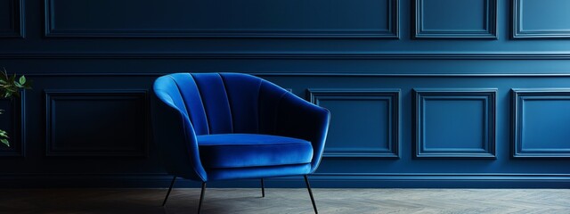 A stylish blue velvet chair against a deep blue paneled wall, creating a modern and elegant interior aesthetic.
