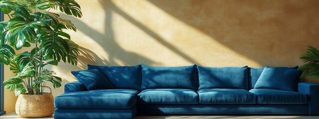 A cozy, modern living room featuring a plush blue sectional sofa and a vibrant indoor plant against a textured wall.