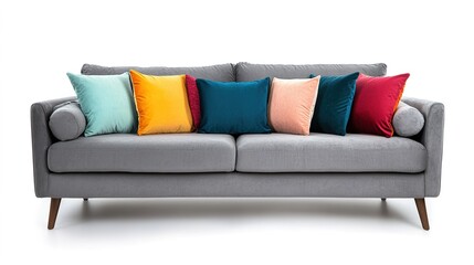 Fototapeta premium Stylish living room featuring a gray couch with colorful pillows against a clean white background, showcasing modern design elements and a minimalist, cozy atmosphere. 