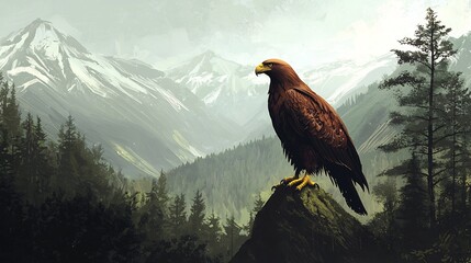 Fototapeta premium Majestic Eagle Perched on Rocky Cliff Overlooking Forested Mountain Landscape