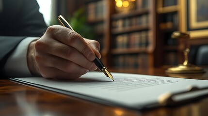 Close-up of a hand signing a document with a fountain pen in a luxurious office setting.