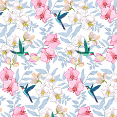 Pattern with hummingbirds and flowers.Vector seamless pattern with bright hummingbirds on colorful orchids. © Инна Федорова