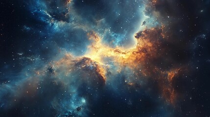 Fototapeta premium Amazing nebula, blue and orange, space background, stars, high resolution, high quality, high detail, cinematic, taken with a Canon camera, perfect composition, award-winning photograph