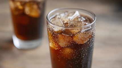 Close-up of a chilled cola with ice cubes in a glass on a table, high-resolution photography, professional color grading