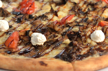 background of pizza with mushrooms and ricotta