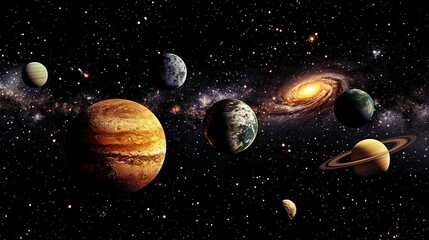 The solar system with all planets and the Milky Way galaxy in space. The sun, planet Earth, Mars, Jupiter, Saturn, Neptune, and the first brown dwarf star