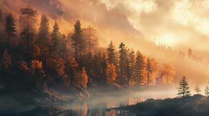 A misty autumn morning in the mountains, with trees and fog surrounding a lake. The sun is rising behind the mountain range, casting warm hues over the scene