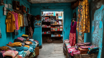 Obraz premium Clothes are displayed in a small, vibrant shop with blue walls and a variety of colorful garments on shelves. Concept of vibrant textile market. For clothing display.
