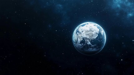 Obraz premium Wide shot of the planet Earth in space, with a dark blue background, a minimalistic design, a white glow, and glowing light, creating a cinematic effect