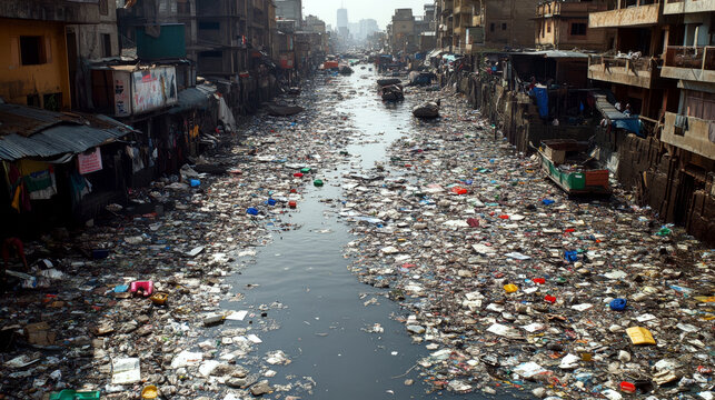 A narrow waterway is filled with floating plastic and trash between densely packed buildings. Concept of pollution and urban decay. For environmental awareness campaigns.