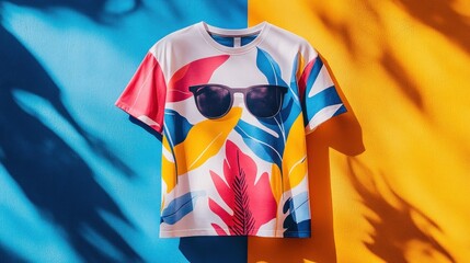 Colorful t-shirt with sunglasses on vibrant backdrop.