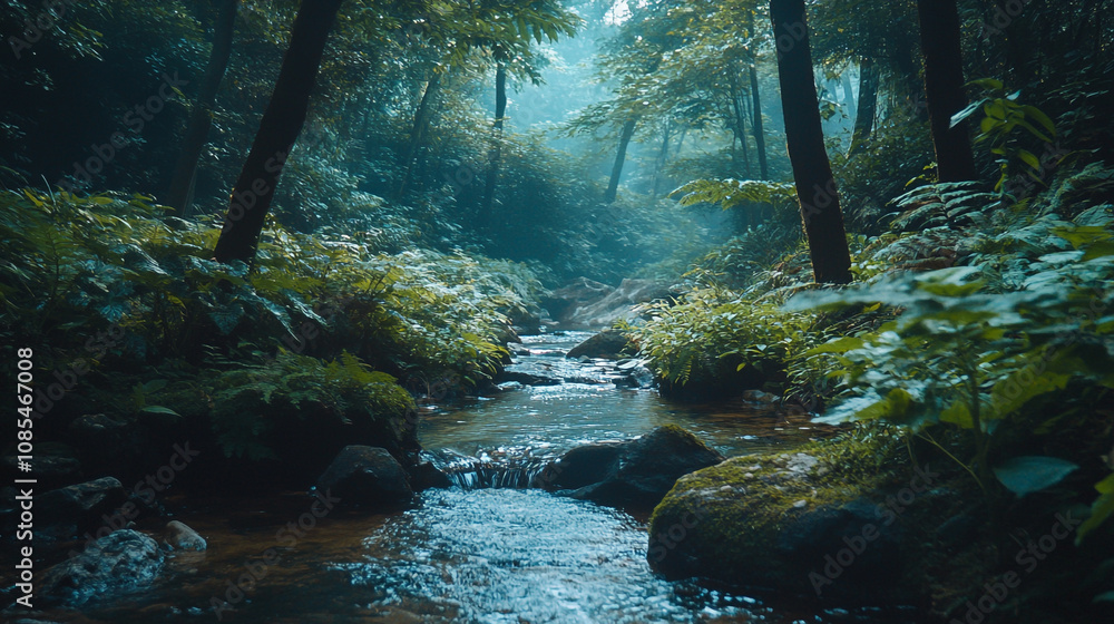 Poster a tranquil stream flows through a lush green forest at dawn with soft light filtering through trees