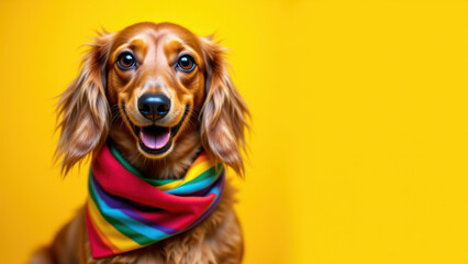 A happy long-haired Dachshund with a colorful scarf smiling for a photo.