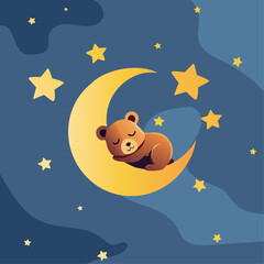 square form background created by many stars and big crescent moon and sleeping bear on the night sky