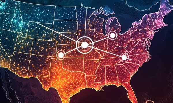 A vibrant map of the contiguous United States, illuminated by city lights