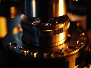Close-up of intricate metallic machinery, glowing with warm light. The detailed craftsmanship and precise engineering are highlighted in this image.