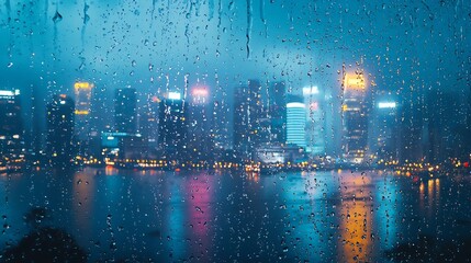 Obraz premium Rainy City Skyline Seen Through a Reflective Window at Night