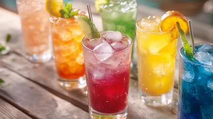 Colorful drinks in tall glasses with ice cubes and fruit garnishes, set on an outdoor wooden table. A close-up shot of various colorful cocktails served at the bar or cafe, highlighting their vibrant 