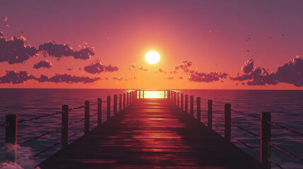 Fototapeta premium Sunset over calm waters with a wooden pier stretching into the ocean at twilight