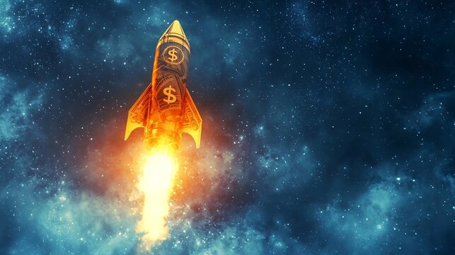 Rocket Made of Financial Graphs and Dollar Symbols Launching into the Sky Representing Rapid Business Revenue Growth
