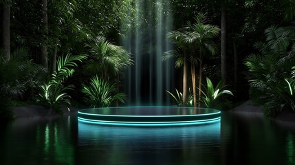 A serene waterfall cascades into a tranquil body of water surrounded by lush greenery, illuminated by a soft, ethereal glow.