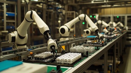 Modern robotic assembly line in factory setting.