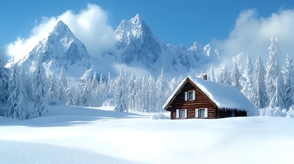 Fototapeta premium Serene Picturesque Winter Scene of a Traditional Wooden Cabin Nestled in Snow-Covered Landscape with Majestic Mountains in Background