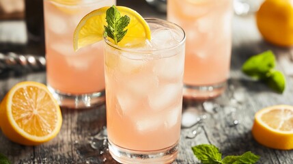 Cinematic photograph of pink lemonade with ice and mint in highball glasses, on a rustic wooden table, surrounded by fresh lemons and leaves. Soft, natural light creates gentle shadows